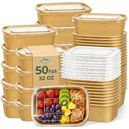 Kaderron 50 Pack 32 OZ Large Paper Bowls with Lids, Heavy Duty Disposable Compostable Container for Party, Disposable Bowls Bulk Soak-Proof and Microwave Safe for Hot/Cold Use(32OZ-50PACK)