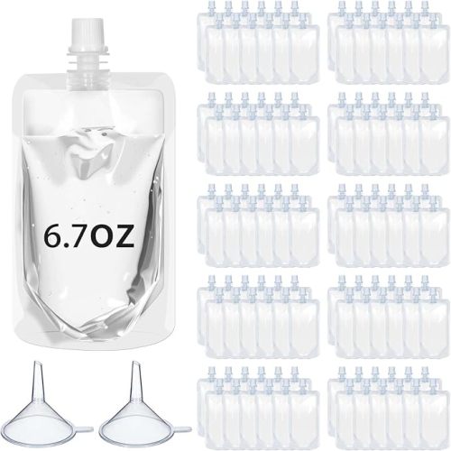 Meanplan 100 Pcs Plastic Pouches Bulk Reusable Squeeze Pouches Clear Plastic Juice Leak Proof Bags with Funnel for Party Favors Supplies(6.7 oz,Straight Mouth)