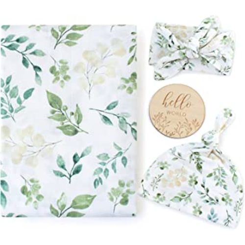 LifeTree Newborn Swaddle Set with Matching Hat and Headband Bow, Wooden Birth Announcement Card, Muslin Baby Swaddle Blankets for Boys & Girls, Eucalyptus Leaves and Greenery Plants