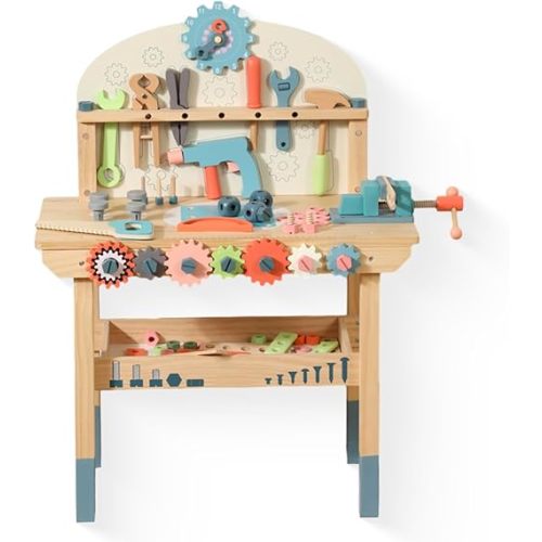 Wooden Power Tool Workbench for Kids, Building Tools Sets Pretend Play Toys - Construction Workbench with Wrench, Screwdriver, Miter Saw and Hammer - Educational Gift for Toddlers Age 3 and Up