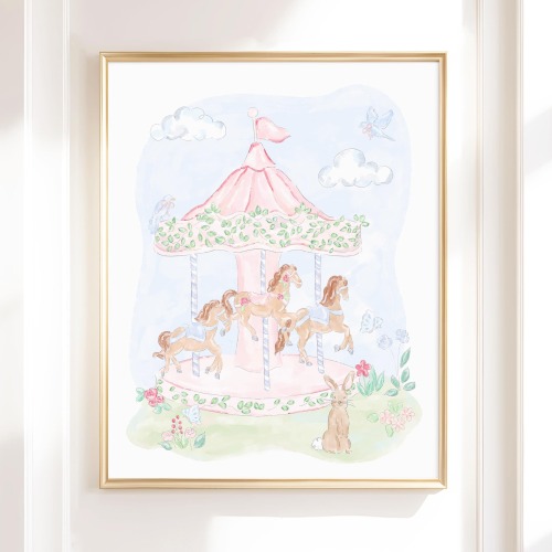 Watercolor Pink Carousel Artwork Print with Bunny & Floral Chinoiserie; 16x20 Printable Download for Grandmillennial Nursery 5049