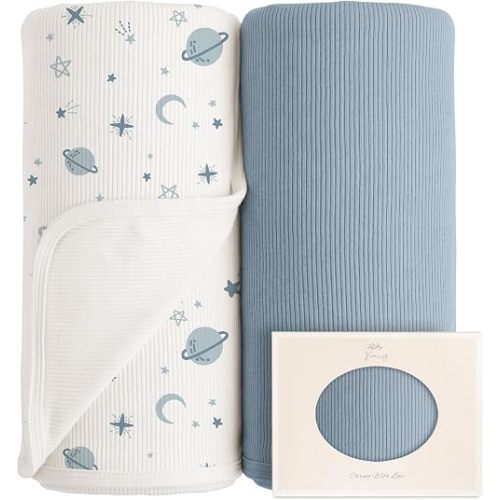 Konssy 2 Pack Ribbed Knit Swaddle Blankets for Baby Boys & Girls, 33"x42"