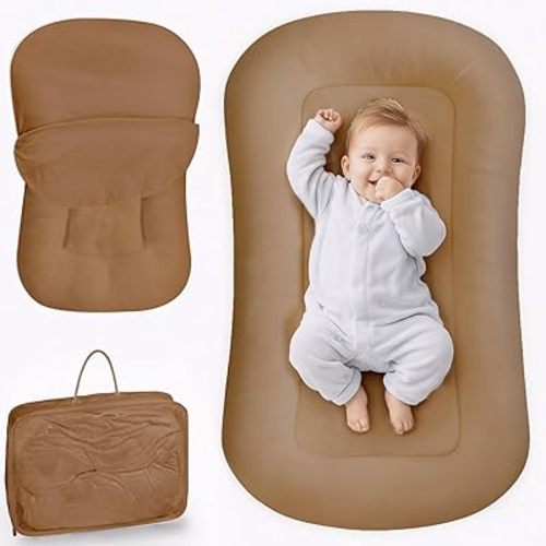 Infant Support Cushion - Baby Lounger for Newborn, 0-24 Months, Breathable Cotton Fabric Infant Support Cushion, Portable Newborn Essentials for Home and Travel, Brown (Cover Included)