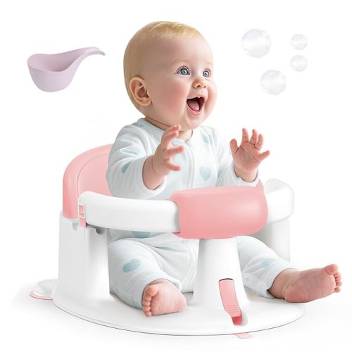 Baby Bath Seat Baby Bathtub - with Strong Suction Cups and 360° Surround Support – Easy Release, Non-Slip Cushion, Lockable Armrests – Infant Bath Chair for Babies 6-24 Months, Pink