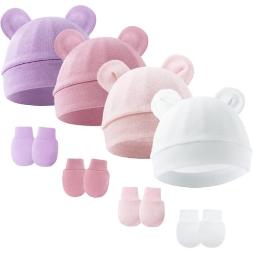 Newborn Baby Hats and Mittens Set Bear Ear Baby Beanie No Scratch Cotton Infant Caps Gloves Newborn Hats for Boys Girls