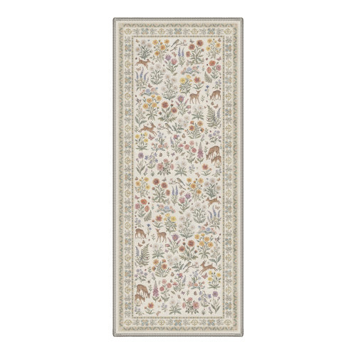 Bungalow Rose Floral Deer Vintage Machine Washable Beige / Green Indoor Area Rug with Non-Slip Backing | Wayfair