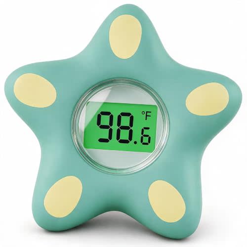 Baby Bath Thermometer for Infant & Toddler, Floating Digital Water Temperature Thermometer with 3-Color LED Backlight, Instant Accurate Reading,Baby Bath Toy,Hot & Cold Alert（Green starfish）