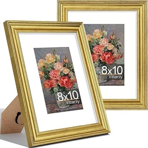 Vittanly 8x10 Picture Frames Set of 2, Ornate Vintage Photo Frame for Wall or Tabletop, Display 5x7 Pictures with Mat or 8x10 without Mat, Rustic Gold