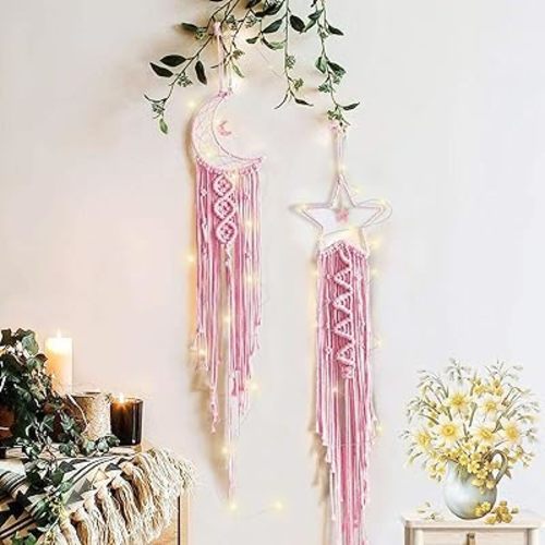 Moon Star Dream Catcher Decor, 2pcs Boho Home Moon Star Dreamcatcher, Macrame Wall Hanging Boho Home Decor for Kids Baby Bedroom Decoration for Women Girls Craft Valentine Day Pink