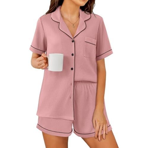 Ekouaer Womens Waffle Knit Pajama Sets Soft Short Sleeve Button Down Sleepwear Cozy 2 Piece Pjs Shorts Set