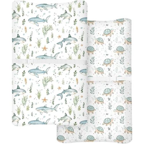 Changing Pad Cover for Baby Boys Girls 2 Pack, Fits Standard 32”×16” Changing Table Pads, Silky Breathable Stretch Knit, Machine Washable (Turtle & Shark)