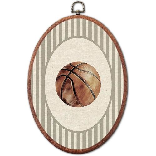 Vintage Baskeball Sport Nursery Oval Wall Art, Brown Stripe Canvas Prints Framed, Farmhouse Retro Decor Wall Art Hanging Decor for Kids Toddler Room Playroom Decoration, 8.6x11.4 Inch