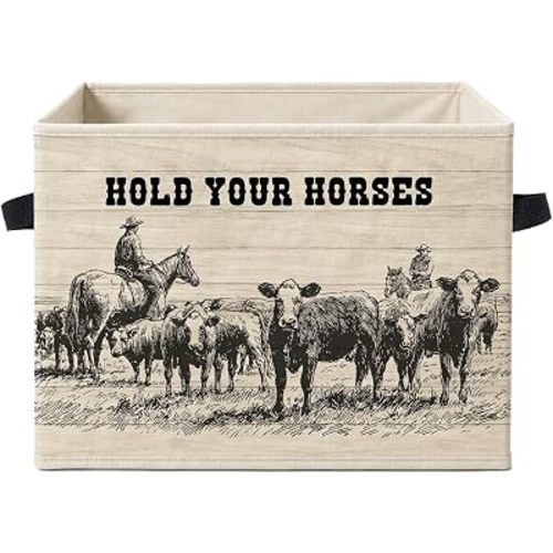 Vintage Western Cowboy Storage Box Bins with Handles, Rustic Farmhouse Meadow Horse Cow Southwestern Foldable Organizer Basket Toybox for Bedroom Bathroom Home Clothes Toys Books