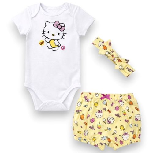 Hello Kitty Baby Girls' 3-Piece Bodysuit with Bloomer & Headband Set, White/Ice Creams, Newborn