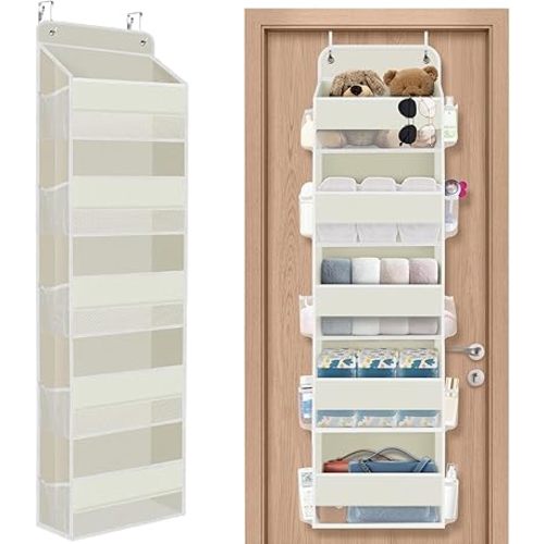 1 Pack Over The Door Organizer, Hanging Storage Organizer with Clear Window, 40lb Ultra Sturdy Large Capacity Room Organizer for Pantry Bathroom Nursery Closet Baby Essential (Beige)