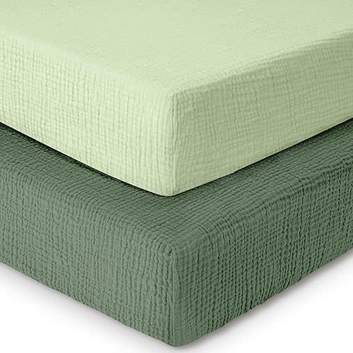 Dreamology Mini Crib Sheets,100% Muslin Cotton Crib Sheets,Pack n Play Sheets,Muslin Cotton Crib Sheet Fitted for Girls and Boys, Pack and Play Sheets, 24x38 Mini Crib Sheet | Green and Light Green