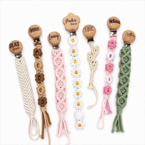Personalized Macrame Pacifier Clip, Engraved Wood, Binky Clip, Baby Shower Gifts