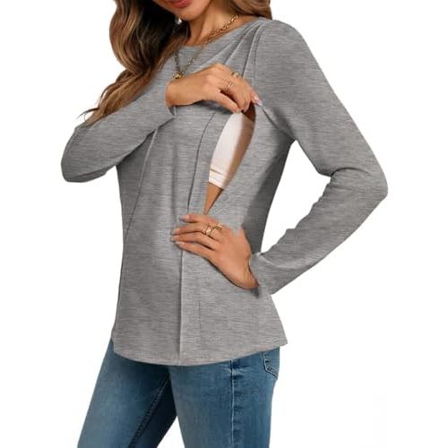 L - Yousify Womens Long Sleeve Nursing Shirts Zipper Maternity Breastfeeding Tunic Tops Seam Pregnancy Clothes