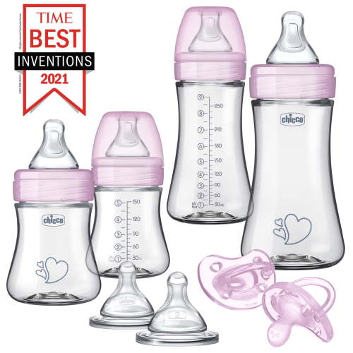 Chicco Duo Newborn Hybrid Baby Bottle Gift Set with Invinci-Glass Inside/Plastic Outside - Pink, New