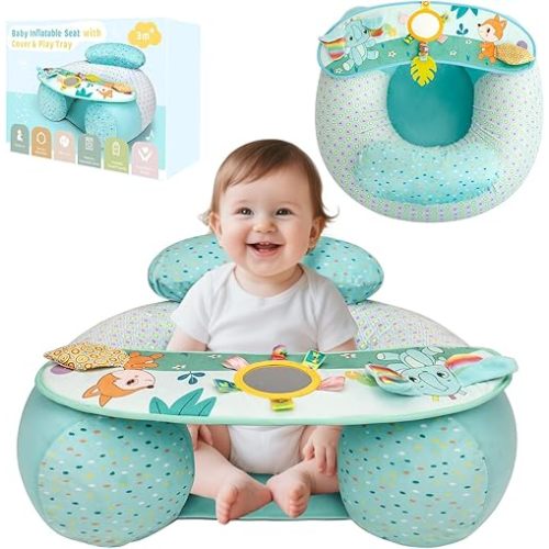 Upgraded Blublu Park Wider U-Shape Inflatable Sit Me Up Floor Seat for Baby 3-36 Months, Portable Baby Chair with Activity Sensory Tray for Sitting Up, Infant Floor Seats & Loungers, Elephant