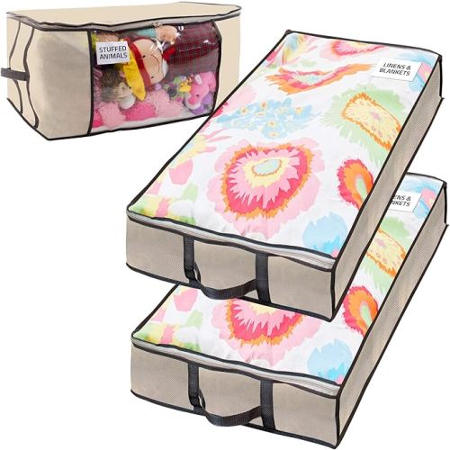 Underbed Storage Bag 2 Large Under-the-Bed Storage Containers and Organizer Bin Reinforced Handles Metal Zipper Foldable Under-Bed Storage Bags and Containers by Nest Neatly, Beige