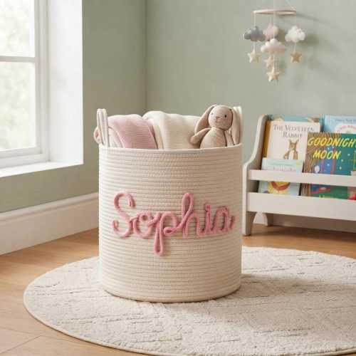 Personalized Cotton Rope Toy Basket, Custom Yarn Name Toy Bin, Nursery Decor Hamper, Kids Storage Basket, Baby Shower Gift, Home Storage