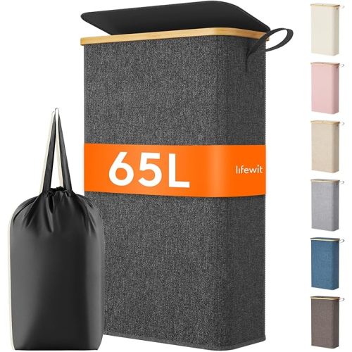 Lifewit 65L Slim Laundry Hamper with Lid, Narrow Laundry Basket with Removable Bag & Bamboo Handles, Fodable Thin Dirty Clothes Hamper for Laundry Collapsible Bin for Bathroom Bedroom Dorm, Dark Gray