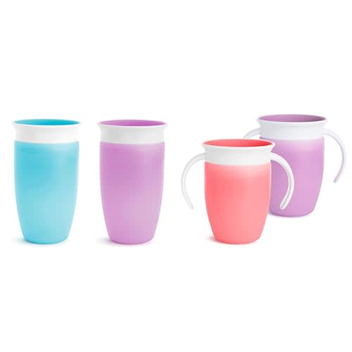 Munchkin® Miracle® 360 Toddler Sippy Cup, Spill Proof, 10 Ounce, 2 Pack, Blue/Purple & ® Miracle® 360 Trainer Sippy Cup with Handles, Spill Proof, 7 Ounce, 2 Pack, Pink/Purple