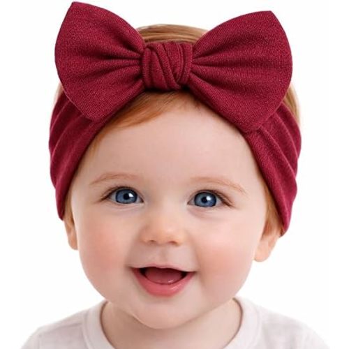 Baby Girl Headbands 0–6 Months – Newborn Infant Soft Cotton Handmade Bow Headband, Stretchy No Mark Baby Hair Accessories (Burgundy, 0-6 Month)