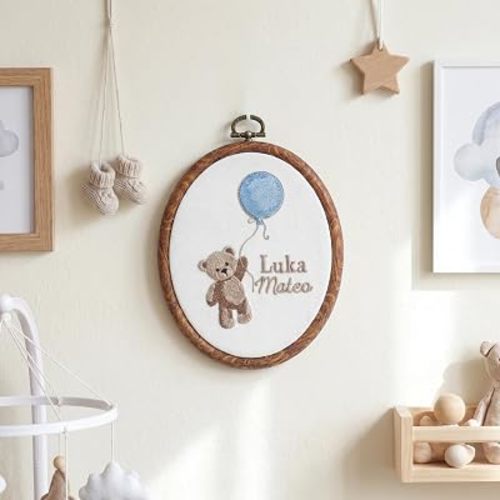 Personalized Baby Name Sign – Custom Embroidered Teddy Bear Hoop Art for Nursery | Newborn Keepsake & Gift For Baby Shower | Made to Order