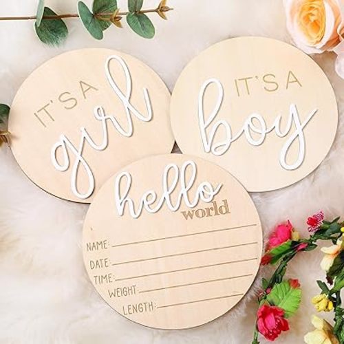 Qianyu 3 Pcs Gender Reveal Sign for Baby Birth Its a Boy Its a Girl Wooden Announcement Sign for Hospital Newborn Welcome Board for New Boys and Girls He or She Photography Prop Gender Reveal Decor