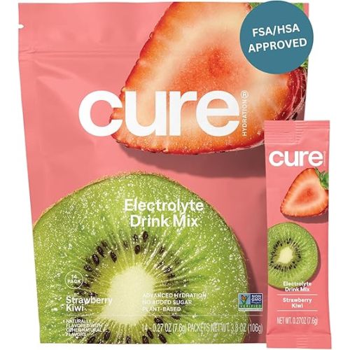 Cure Hydration | Plant-Based Electrolyte Drink Mix | No Added Sugar | FSA-HSA | Dehydration Relief Powder Made with Coconut Water | Non-GMO | Vegan | Pouch of 14 Packets - Strawberry Kiwi