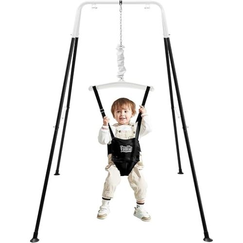 FUNLIO Baby Jumper with Stand for 6-24 Months, Toddler Jumper for Indoor/Outdoor Play, Infant for Baby Girl/Boy, with Adjustable Chain, Easy to Assemble & Store (with Stand) - Black
