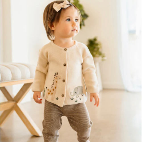3-6M Animal Safari Embroidered Organic Baby Cardigan Sweater - Cream