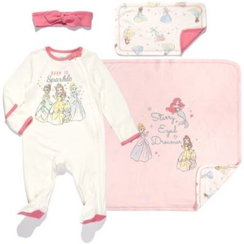 Disney Princess Newborn Baby Girls Zip Up Sleep N' Play, Headband, Burp Cloth and Blanket 4 Piece Outfit Set White/Pink 6-9 Months