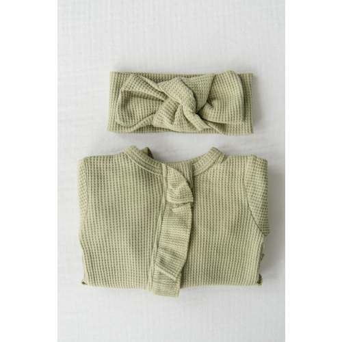 Organic Waffle Knit Ruffled Footie With Bow