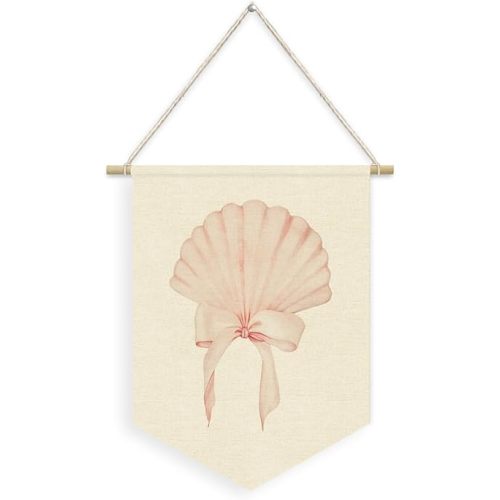 Coastal Wall Decor,Beachy Room Decor,Beachy Room Decor Aesthetic Pink Seashell Coastal Cowgirl Pennant Flag Banner,Coquette Seashell Wall Hanging Linen Banner,Surfer Girl Wall Art