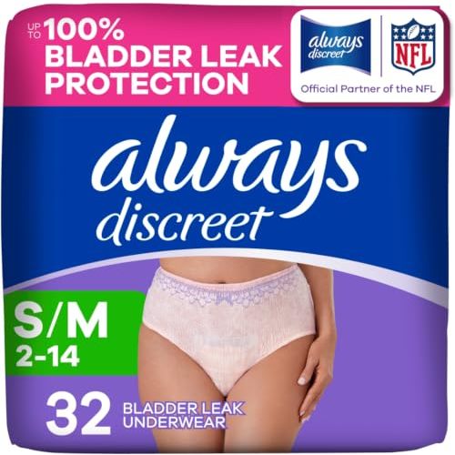 Always Discreet Adult Diapers for Women, Incontinence Underwear, Postpartum Essentials, Disposable Briefs, Max Absorbency, Bladder Leak Protection, Small/Medium, 32ct