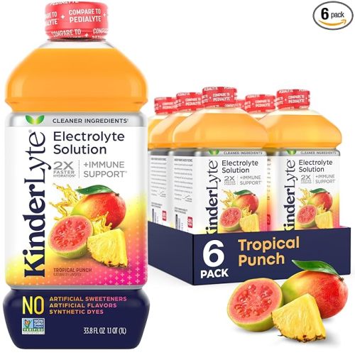 KinderLyte Electrolyte Solution for Kids and Adults - Hydration Drink, Tropical Punch, (33.8 fl oz, 6 Pack), No Artificial Sweeteners or Flavors, No Synthetic Dyes, Vegan, Non-GMO, Gluten-Free