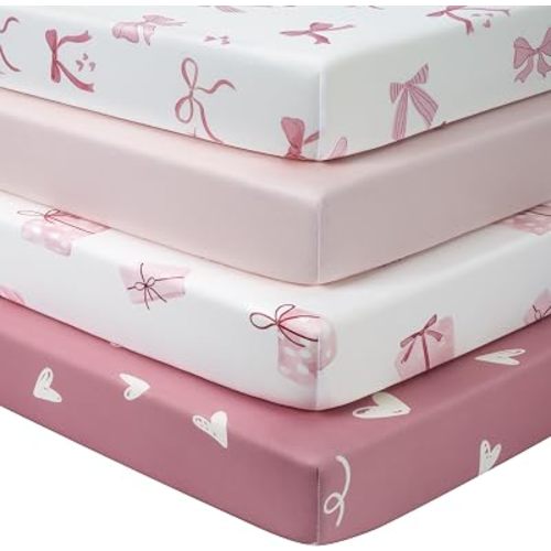 Baby Crib Sheets Girl, Toddler Bed Sheets Fitted for 52”x28” Standard Crib and Toddler Mattresses, 4 Pack Soft Breathable Stretchy Lovely Gift Bows