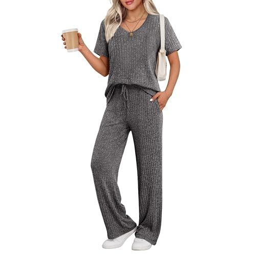 Ekouaer Womens Ribbed Knit Lounge Set Short Sleeve Top and Long Pants Sleepwear Pajama Set Two Piece Matching Outfits Set