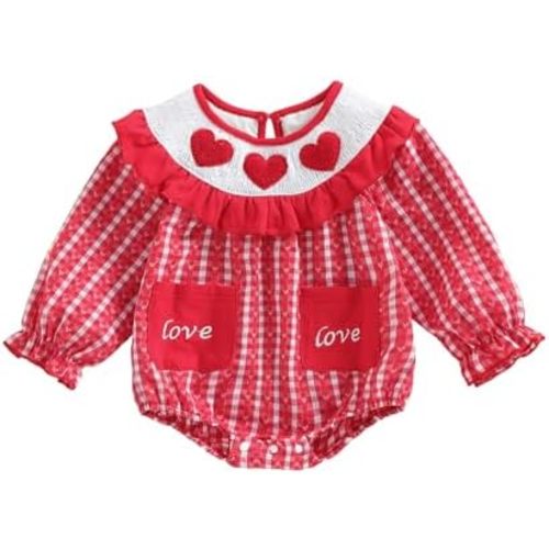 Baby Girl Valentines Day Bubble Romper Love Heart Embroidery Ruffle Smocked Onesie First Valentines Day Outfit