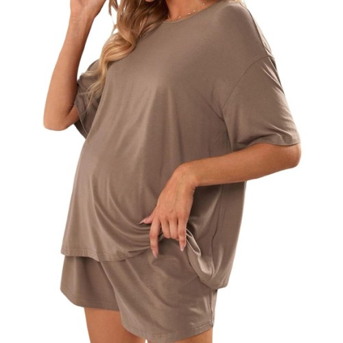 Verdusa Women's Maternity Pajama Set 2 Piece Drop Shoulder Top and Short Lounge Sets