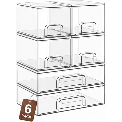 TIPGO Clear Stackable Storage Drawers, Acrylic Bathroom Makeup Organizer, Plastic Bins for Art Tool & Sketch, Sturdy and Durable Containers for Countertop, Cabinet, Vanity, Pantry Organization