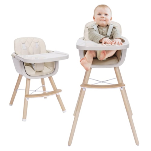 Mallify 3-in-1 Wooden High Chair, Convertible High Chairs for Babies and Toddlers, Baby Highchair with Adjustable Legs & Dishwasher-Safe Tray, Sleek Hardwood & Premium PU Cushion, Beige