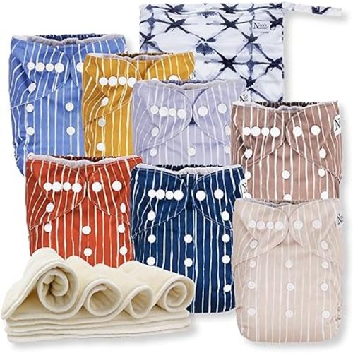 Nora's Nursery Cloth Diapers 7 Pack with 7 Inserts & 1 Wet Bag - Waterproof Cover, Washable, Reusable & One Size Adjustable Pocket Diapers for Newborns and Toddlers - Cali Coastal