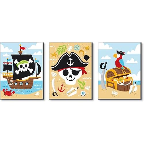 Big Dot of Happiness Pirate Ship Adventures - Nautical Skull and Treasure Chest Nursery Wall Art and Kids Room Decor - 7.5 x 10 inches - Set of 3 Prints
