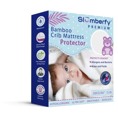 Bamboo Crib Mattress Protector by Slumberfy, Waterproof and Hypoallergenic Mattress Protector for Babies and Toddlers, Made of Bamboo Material, Mom's Choice Award Winner-29x52x6 inches
