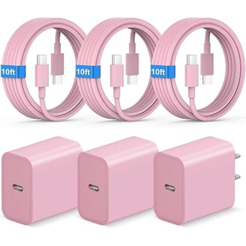 iPhone 17 16 Charger Fast Charging 10FT Long Type C to C Cable with 3 Pack USB C Wall Charger Block Compatible with iPhone 17/17 Pro/17 Pro max/Air, iPhone 16 15 Pro Max/Plus, iPad Pro,Samsung, Pink