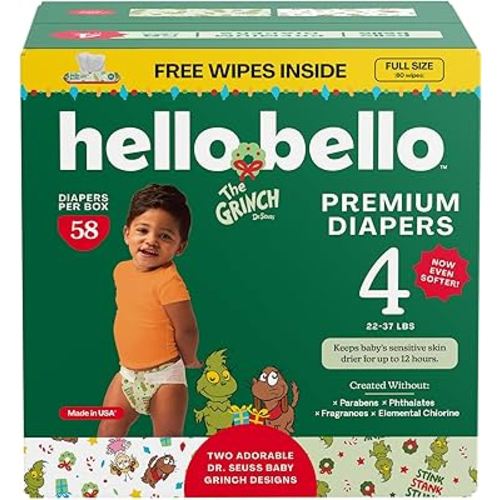 Hello Bello Dr. Seuss Baby Grinch Premium Diapers, Size 4 (22-37 lbs), 58ct Plus Bonus Wipes: Softness & Protection for Sensitive Skin